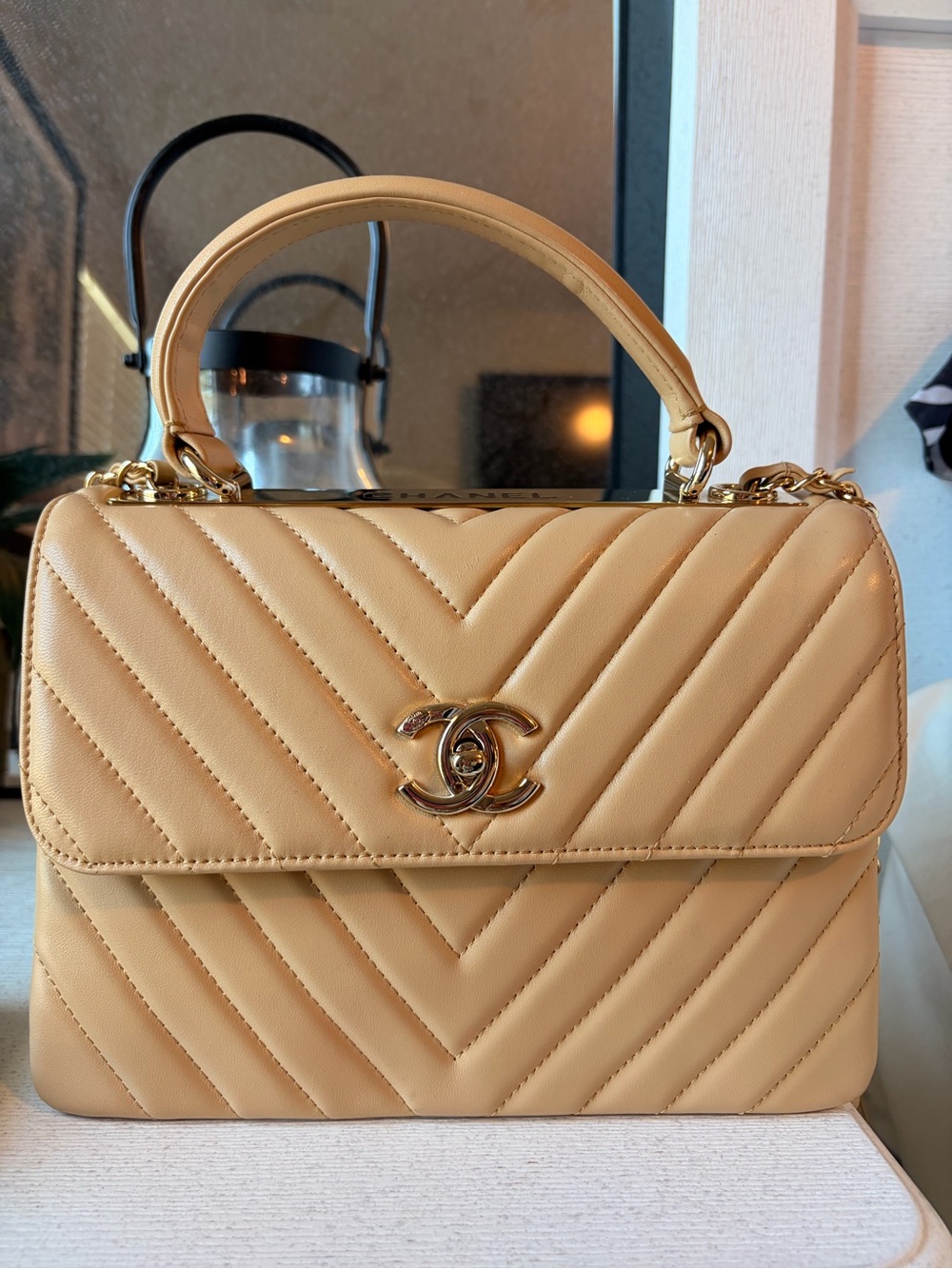CHANEL Tan Chevron Quilted Top Handle Satchel with Gold Hardware